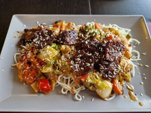 Nudeln mit Sojamedaillons at Vegane Bergpension in Schulenberg