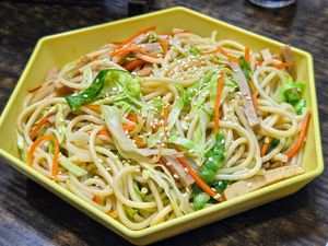 Fried spaghetti with shredded mock meat and vegetables 三絲意粉 (Photo by 素Good) at Sam Bo Vegetarian - 三寶素食 in Kowloon