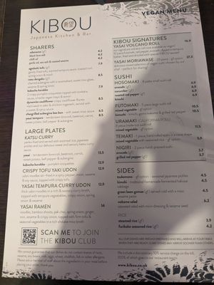 Vegan menu at KIBOU Japanese Restaurant & Bar in Cheltenham