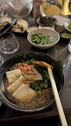 Yasai ramen, edamame, vegan bao at KIBOU Japanese Restaurant & Bar in Cheltenham
