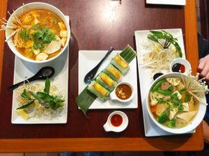 Vegetarian Bun Hue, Curry Tofu salad rolls and Pho at Veggiebowl in Vancouver