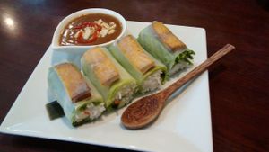 Fresh tofu rolls with peanut sauce. at Veggiebowl in Vancouver