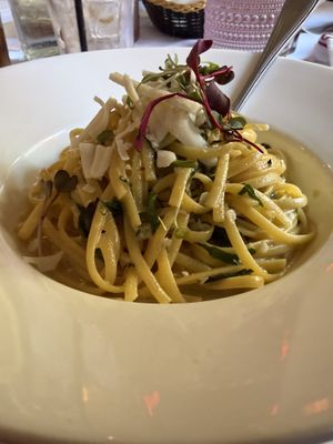 LINGUINI GARLIC AND OIL SAUCE - Virgin olive oil, fresh garlic and pepperoncino.  at Sofia's in New York City