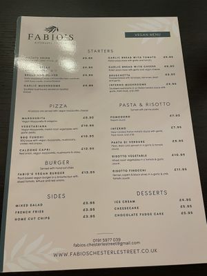 Vegan menu   at Fabio's in Chester-le-street