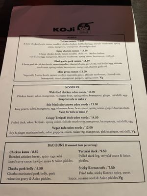 Menu with vegan options   at Koji Sunderland in Sunderland