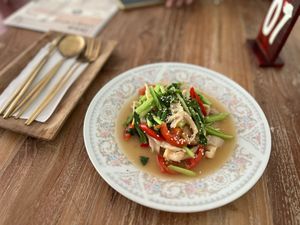 Flavourful Sautéed mustard greens with oyster mushrooms at Good Karma Waroeng in Kintamani