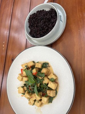 Spicy basil tofu puffs and black ricee  at Yen Vegan Restaurant & Bar in Sapa