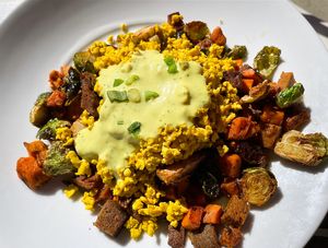 Sausage, brussel sprout, and sweet potato hash! at Tree House in St Louis