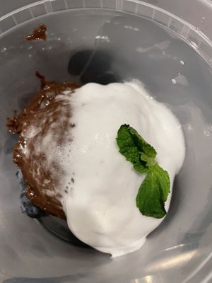 Avocado chocolate mousse (a little melted since I took it to-go). at Tree House in St Louis