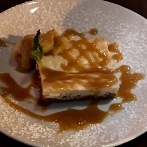 vegan cheesecake w caramel sauce at Tree House in St Louis