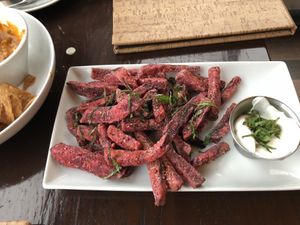 Beet fries! Very good! All vegan  at Tree House in St Louis