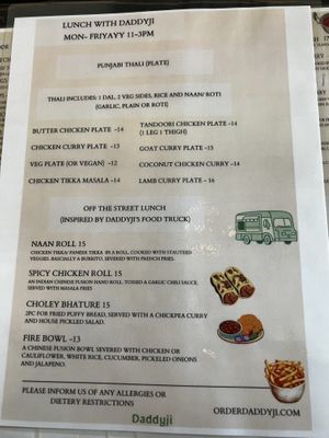 Lunch menu  at Daddyji in Claremont