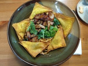 Fried wanton noodles W chili sauce, char siew, and marinated mushrooms at Affinity Cafe in Roleystone