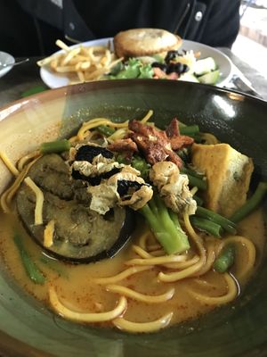 Curry Laksa, Chicken curry pie (background)  at Affinity Cafe in Roleystone