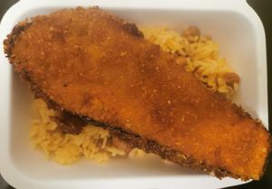 Aubergine steak, rice and beans  at Verde Aos Pedaços in Corroios