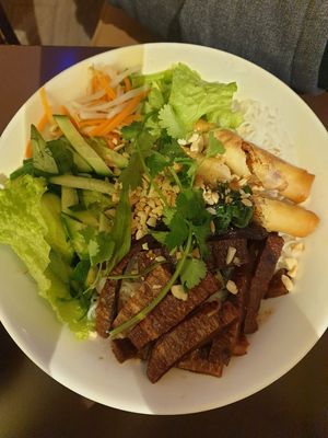 Rice Vermicelli w/grilled pork + spring rolls $18: good, the grilled pork is not great though at Nhi Nuong 2 Sisters  in Sunshine