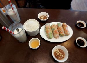 Cold Vietnamese rolls, Thai flavours stir-fry veges, and mushroom and pepper dried rice. at Nhi Nuong 2 Sisters  in Sunshine