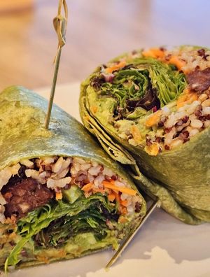 Impossible Meatball Fusion Wrap with wasabi ginged dressing (vegan) at Tea Bar & Fusion Kitchen in Rocklin