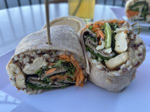Wrap with whole wheat wrap, quinoa rice blend, tofu, and ginger wasabi dressing.   at Tea Bar & Fusion Kitchen in Rocklin