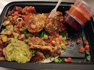 Vegan Mexican Dish. Surprisingly flavorful. We are from TX and thought this was pretty good. It comes with hot sauce (tastes like chalula), ketchup and great strawberry jam (tasted at Stella's - Plug In in Winnipeg