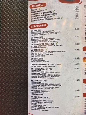 Menu at Yin Yang Sushi in Malaga