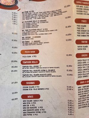 Menu at Yin Yang Sushi in Malaga