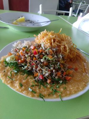Meal of the day, noodle casserole, sprouted lentils, quinoa at El Gran Mana in Tacna