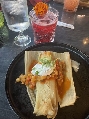 Vegan tamal and jamaica margarita. Delicious!!!  at Clandestino in Palm Springs
