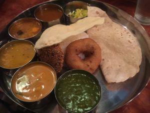 Vegan version of the veggie meals. 
It is so delicious, you are missing out if you do not come here and try this meal.  at Madras Meals in Kawasaki