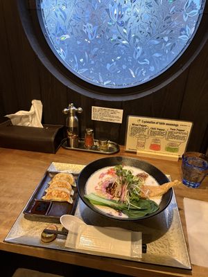 Gyoza and creamy ramen   at Ramen Katamuki in Kyoto