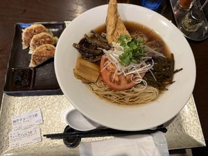 Tasty Vegan Ramen ¥1450 and Gyoza ¥450 in April 2025.  at Ramen Katamuki in Kyoto