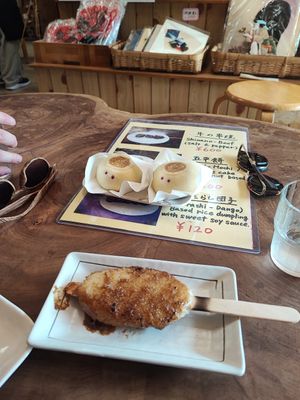 Soft rice cake with walnut based sauce (gohei-mochi) at Konohanaya - 木ノ花屋 in Nagano