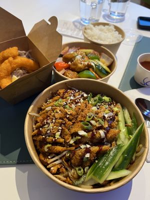 Jumbo lemon prawns, sweet n sour chicken, hoisin duck noodles  at WOK2VEGAN in Birmingham