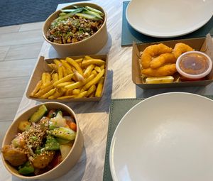 Jumbo prawns, Hoisin Duck Chow Mein, Sweet and Sour Chicken & chips. at WOK2VEGAN in Birmingham