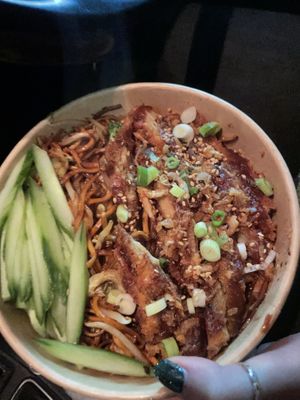 Crispy duck chow meinn  at WOK2VEGAN in Birmingham