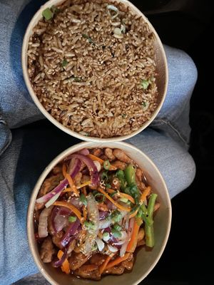 Spring onion fried rice and crispy shredded beef (expect a bit more meatyness rather than crispiness but still good!)  at WOK2VEGAN in Birmingham