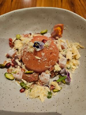 Wassermelone - & Erdbeer-Rosen-Sorbet mit Rhabarbar, Turkish Delight, Granatapfel & Pistaziofloss at Tasman Restaurant in Hobart