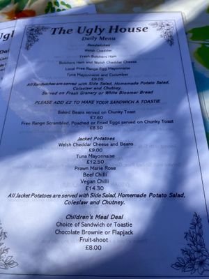 Menu with Vegan chilli on jacket potato at The Ugly House - Ty Hyll in Betws-y-coed