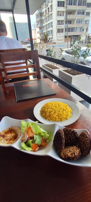 Falafels, hummus, salada e arroz at Beirut Shawarma in Havana