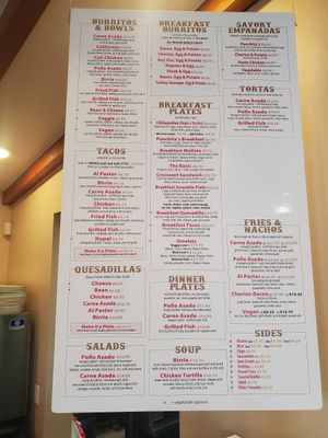 Food menu at Panchita's Kitchen & Bakery in San Diego
