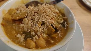 Chickpea curry with rice, pintxo size (2.50 euro, dirt-cheap!). The dish on its own would have cost 23 euro, strangely enough. at Restaurante SUHAZI Jatetxea in San Sebastian