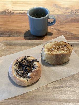 Mushroom focaccia, maple French toast, lemon ginger hot drink.  at Earth Bakery in Yokohama