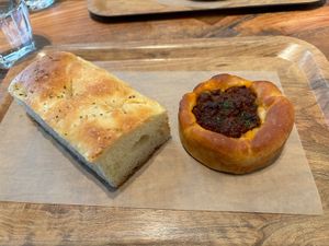 Focaccia and bolognaise bread  at Earth Bakery in Yokohama