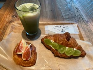 earth bakery fig danish, grape cream sandwich and iced oat milk matcha at Earth Bakery in Yokohama