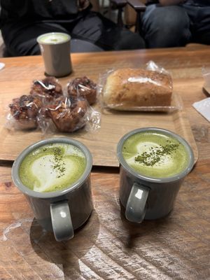 Soy Matcha Latte plus various snacks  at Earth Bakery in Yokohama
