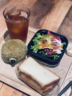 Katsu sandwich, salad, and donut  at Earth Bakery in Yokohama