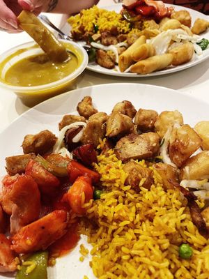 Hong Kong faux chicken, Singapore, spicy rice, salt and pepper, potatoes, salt and pepper, vegan, chicken, and curry sauce, delicious! at Happy Valley in Rochester