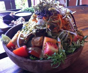 Meg’s Big Bowl (greens, veggies, roasted seeds, avocado, tofu and tempeh crunch)
 at The Garden Kafe at The Yoga Barn in Ubud
