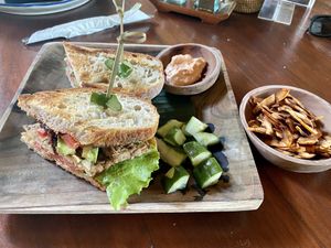 Vegan Tempeh Reuben with Coconut Bacon  at The Garden Kafe at The Yoga Barn in Ubud