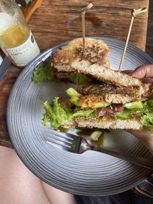 Tempeh Reuben sandwich and freshly squeezed juice   at The Garden Kafe at The Yoga Barn in Ubud